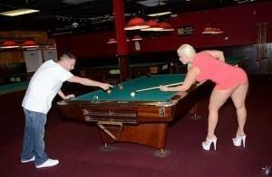 Curvy slut gets nailed on a pool table and jizzed over her big jugs on fansgirls.net
