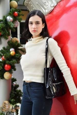 Brunette chick Giulia flashes her tits in public before masturbating at home on fansgirls.net