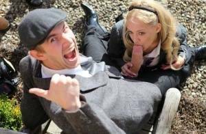 Blonde schoolgirl Loulou licks and sucks a huge dick while outdoors on fansgirls.net